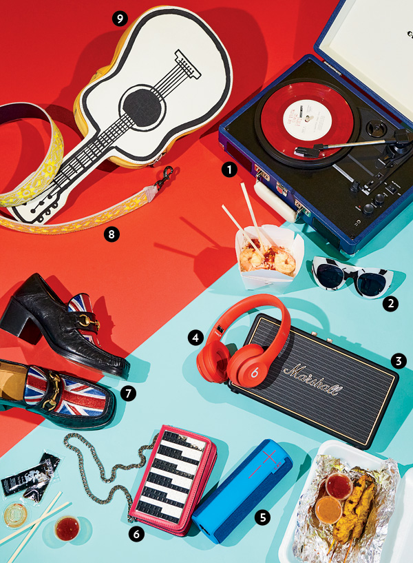 Turntable, sunglasses, stereo speaker, headphones, portable speaker, clutch, loafers, converted guitar strap, and backpack