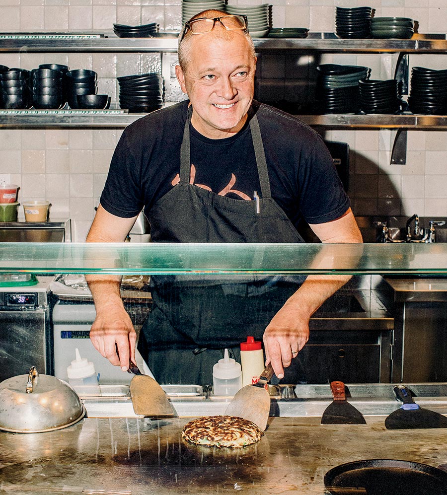 Paul Virant making okonomiyaki
