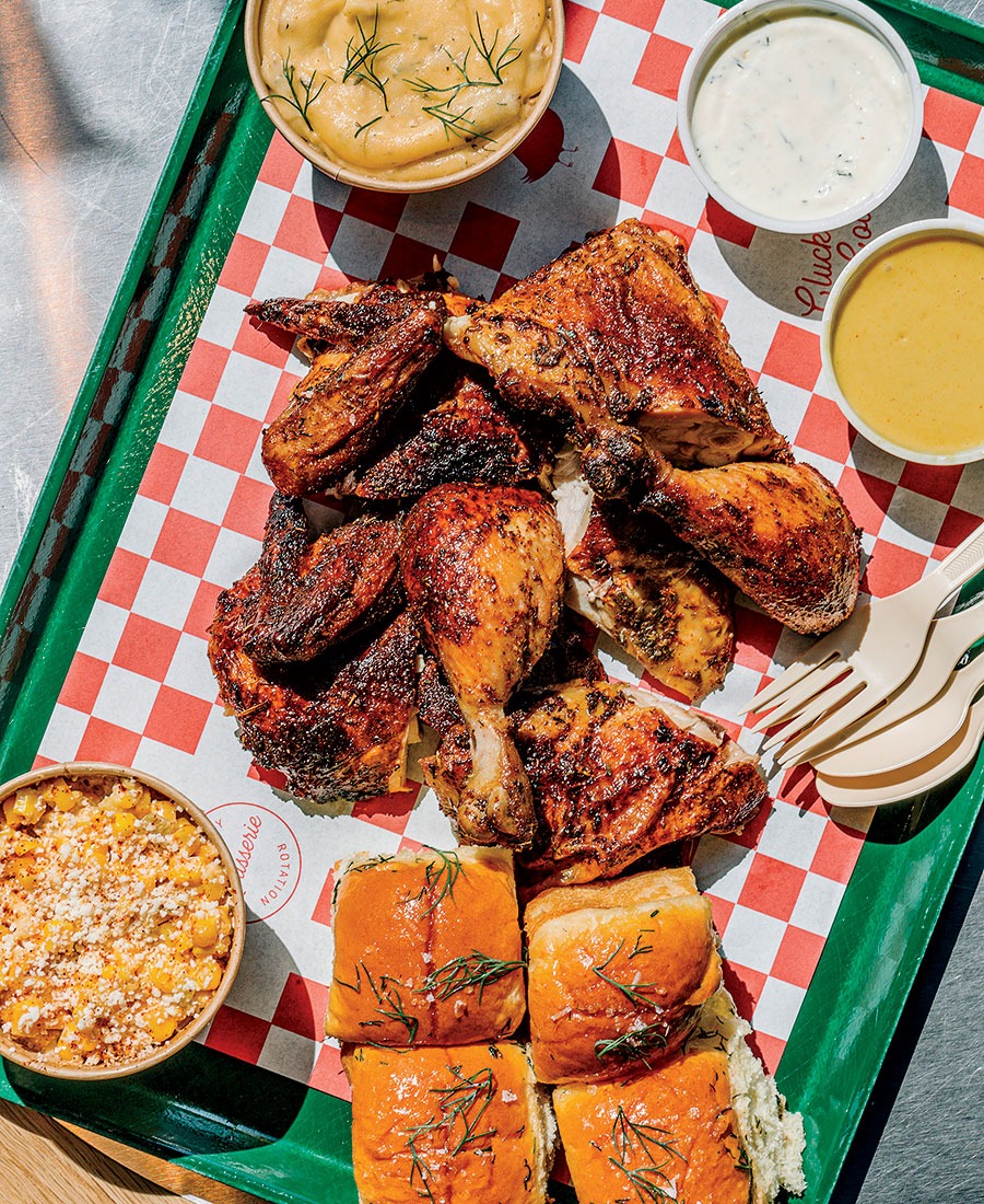 GG’s Chicken Shop’s rotisserie chicken, elotes, and smashed potatoes