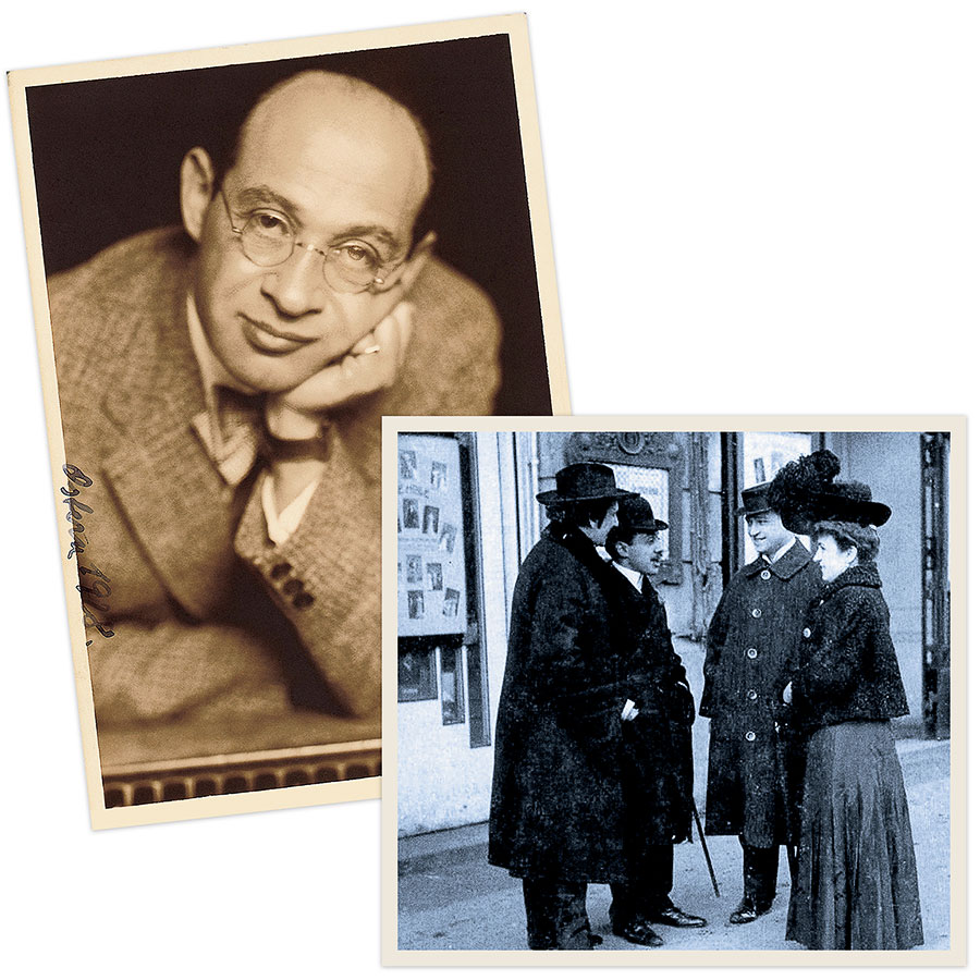 From left: Fritz Grünbaum (circa 1925); Grünbaum (second from left) in front of a cabaret venue in Vienna circa 1908