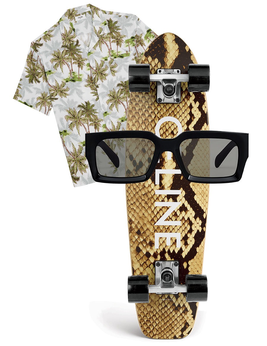 Viscose Hawaiian shirt, Mini Cruiser skateboard, and Black Frame 53 acetate sunglasses