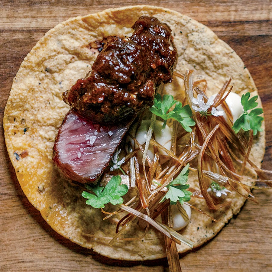 Wagyu beef taco with salsa de molcajete