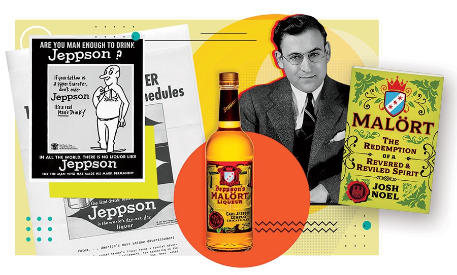 A photo illustration of Malört and related ads, with George Brode and the cover of ‘Malört: The Redemption of a Revered & Reviled Spirit’