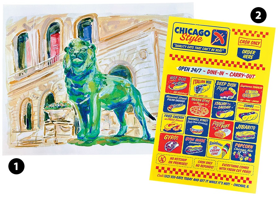 Art Institute lion print by Rachel Reynolds and Chicago Style Eats poster by Transit Tees