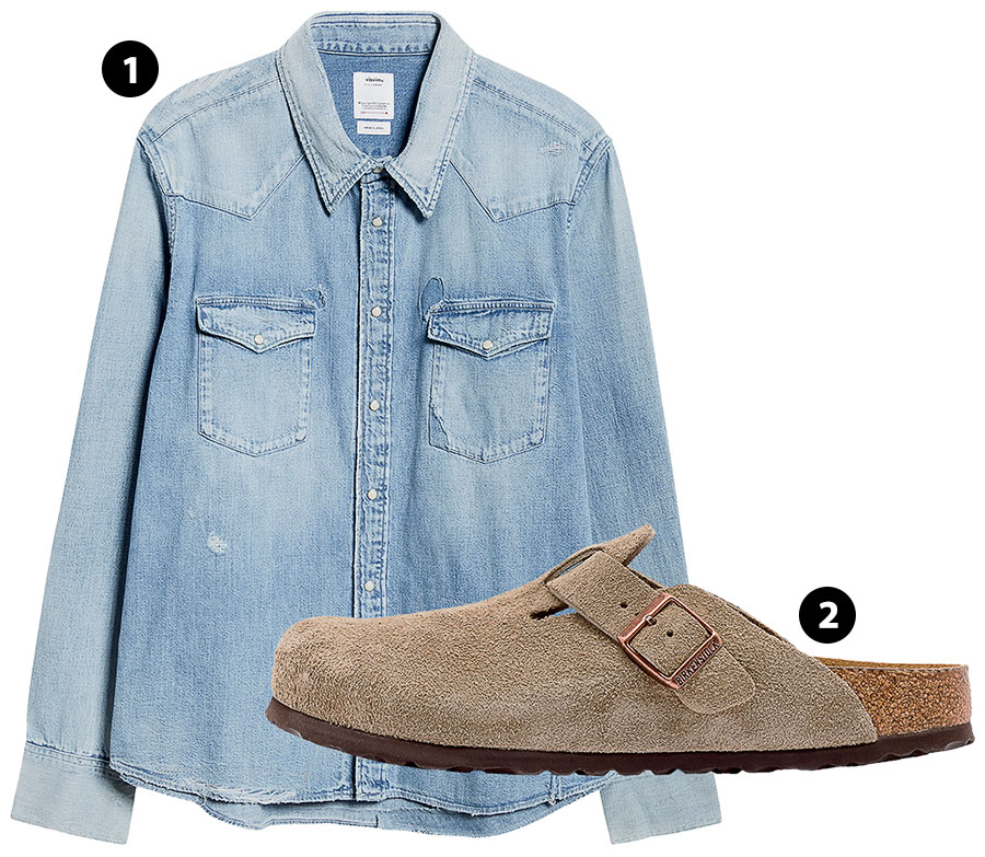 Visvim denim shirt and Birkenstock Boston clogs