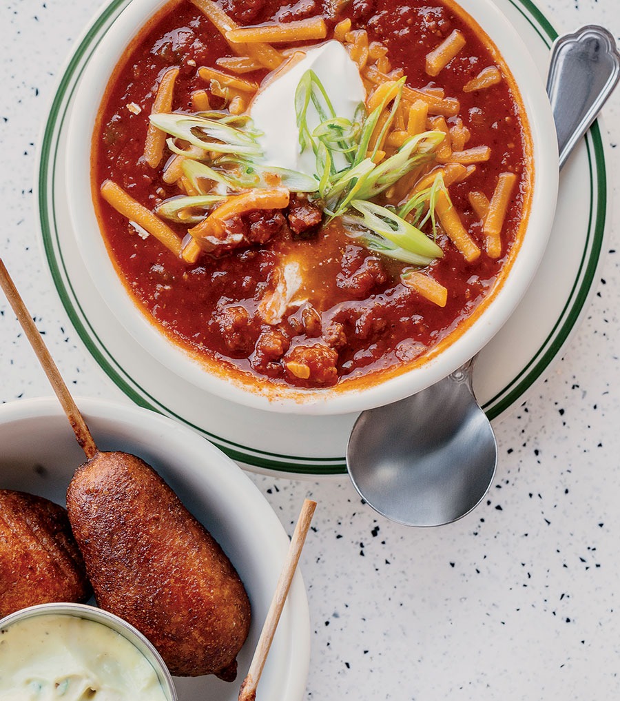 Classic beef chili and duck fat corn dogs