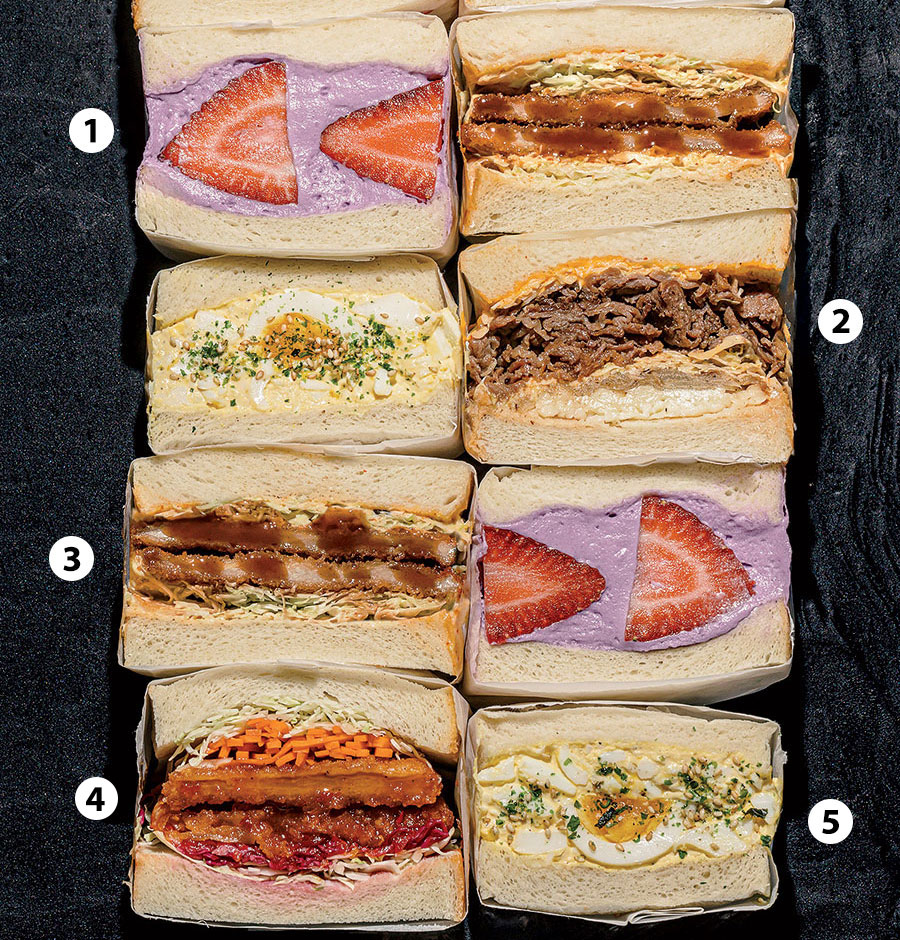 Ube Creme, Bulgogi, Tonkatsu, Crispy Eggplant, and OG Tamago sandwiches from Sando Street