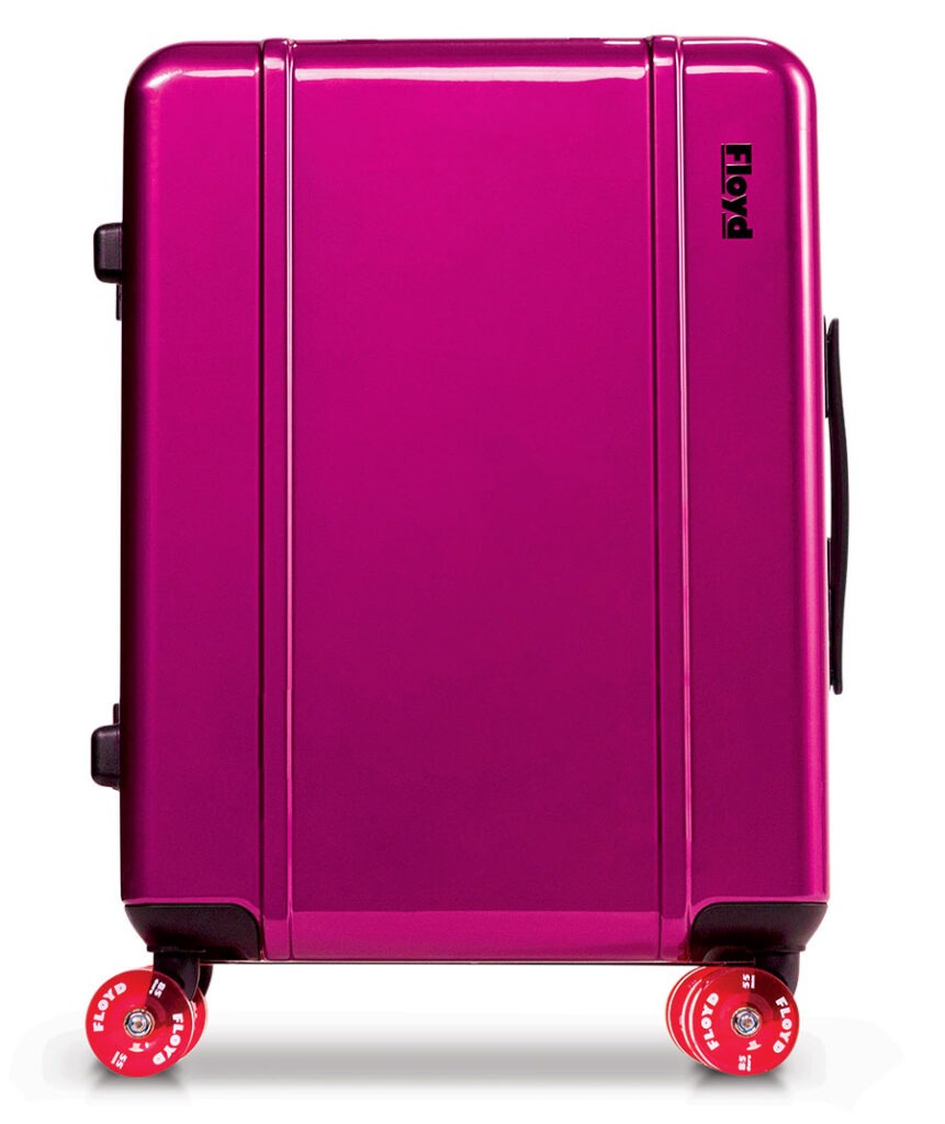 Floyd aluminum-framed polycarbonate case with skateboard-style spinner wheels and TSA-accessible lock