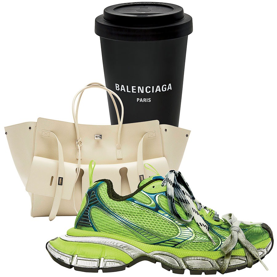 Paris porcelain coffee cup, Bel Air calfskin carryall bag, and 3XL men’s sneakers