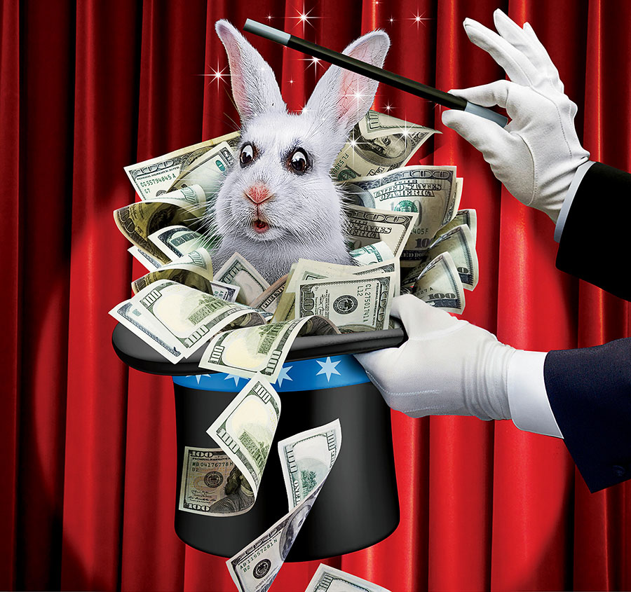 Photo illustration of a bunny in a top hat filled with money