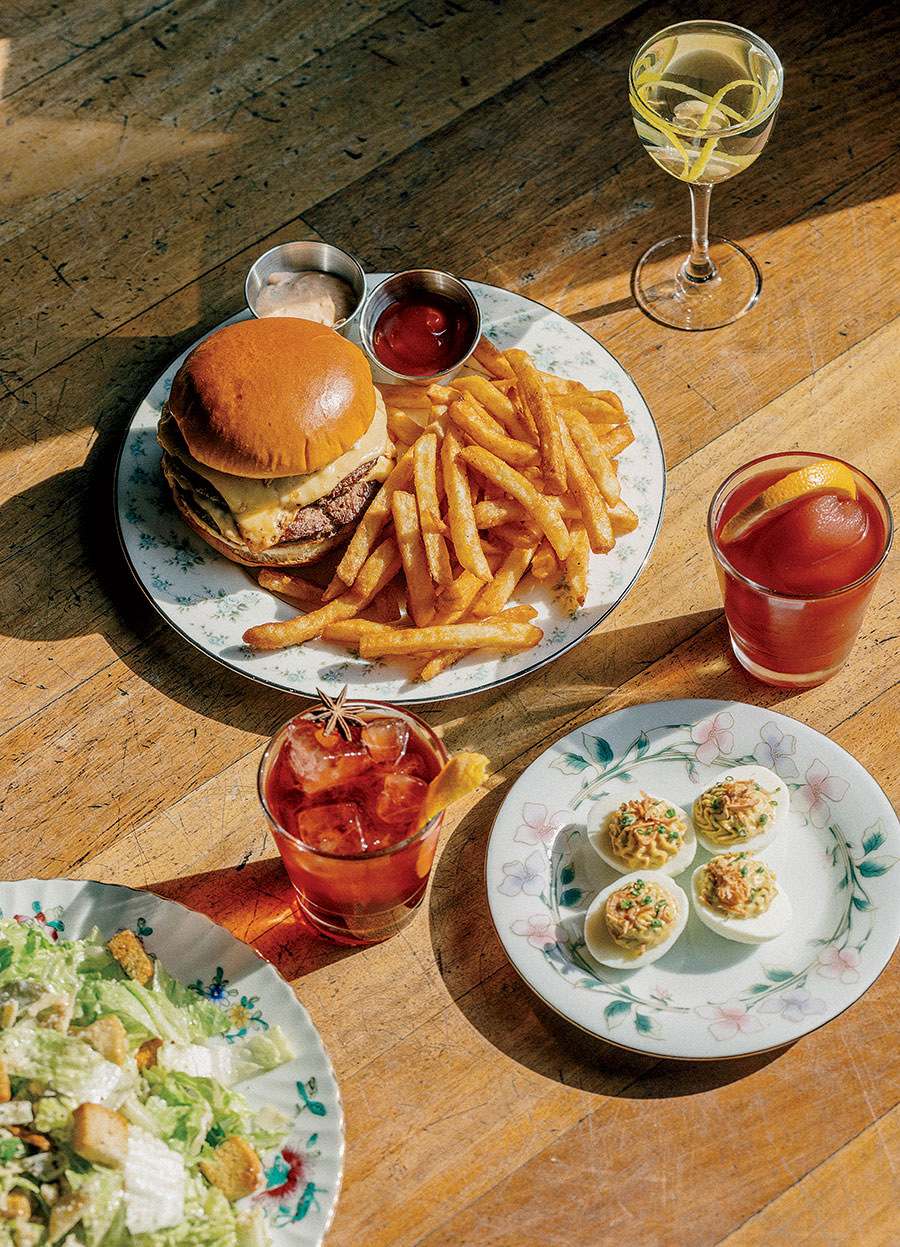 New Moon burger, deviled eggs, Caesar salad from Funeral Potatoes