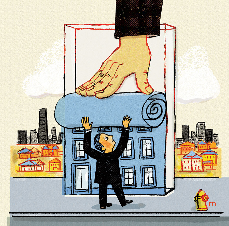 A man in a suit trying to put up apartment-print wallpaper, while a giant hand pushes down from above to stop him