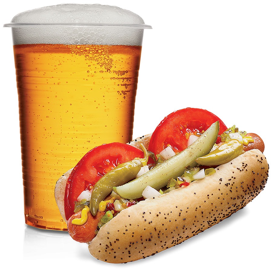 A Chicago-style hot dog and a beer