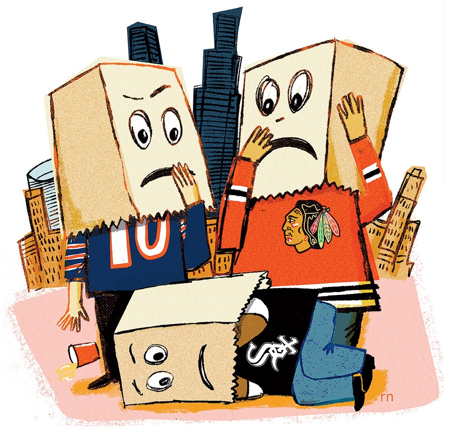 An illustration of people in front of the Chicago skyline with bags over their heads, wearing Chicago Bears, Chicago Blackhawks, and Chicago White Sox shirts