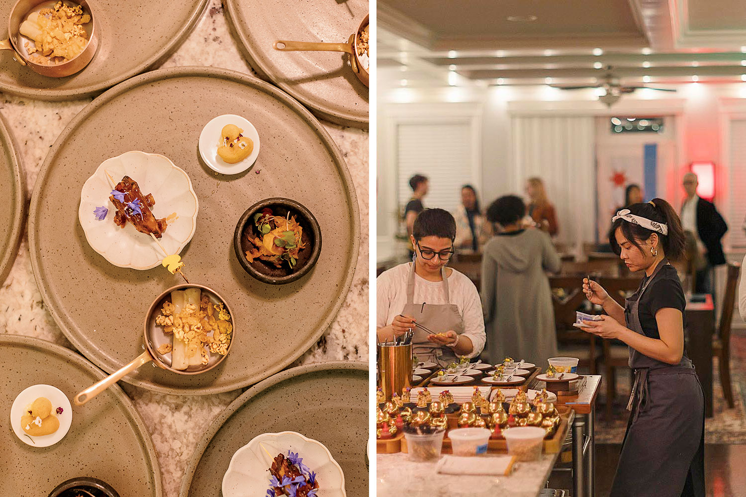 Plated food at a Duck Sel pop-up event; chefs arranging food on plates at a Duck Sel pop-up event