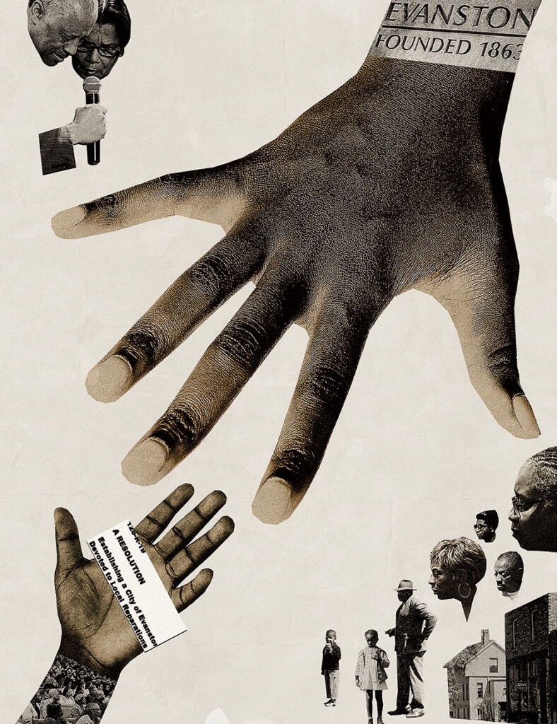 A photo illustration of dark-skinned hands reaching out to each other, surrounded by various Black leaders