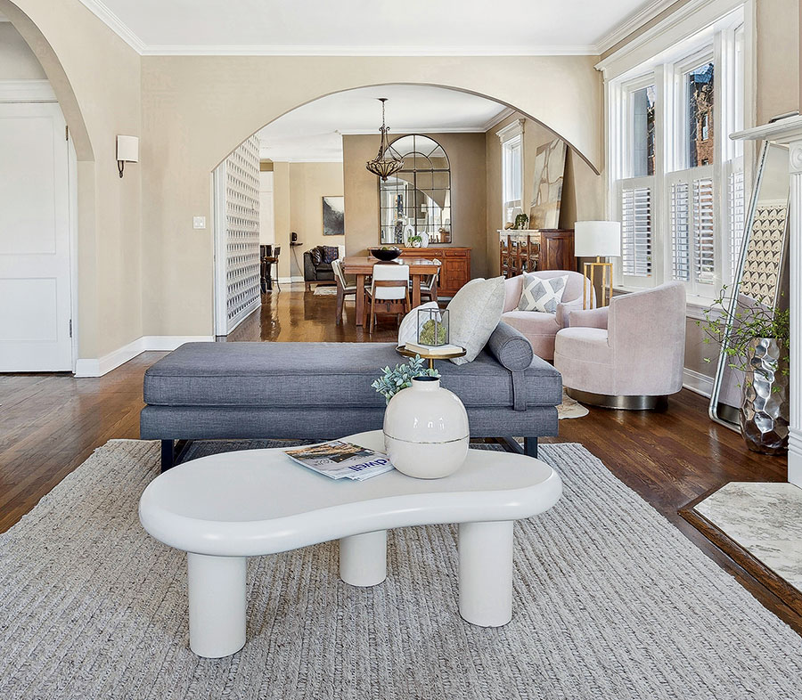 The living room of the Logan Square home