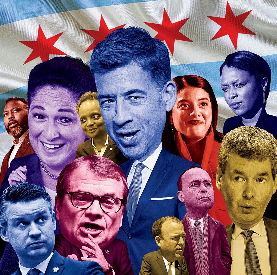 A photo image of all the possible mayoral candidates in front of the Chicago flag