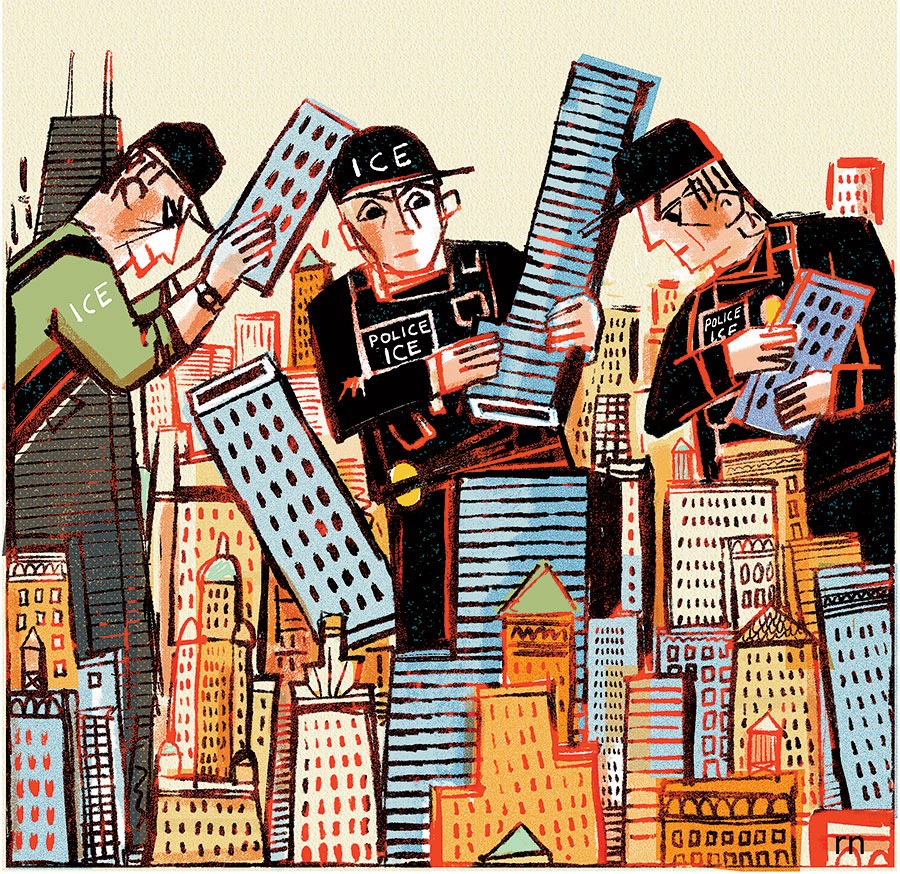 Illustration of giant ICE agents searching city buildings in Chicago